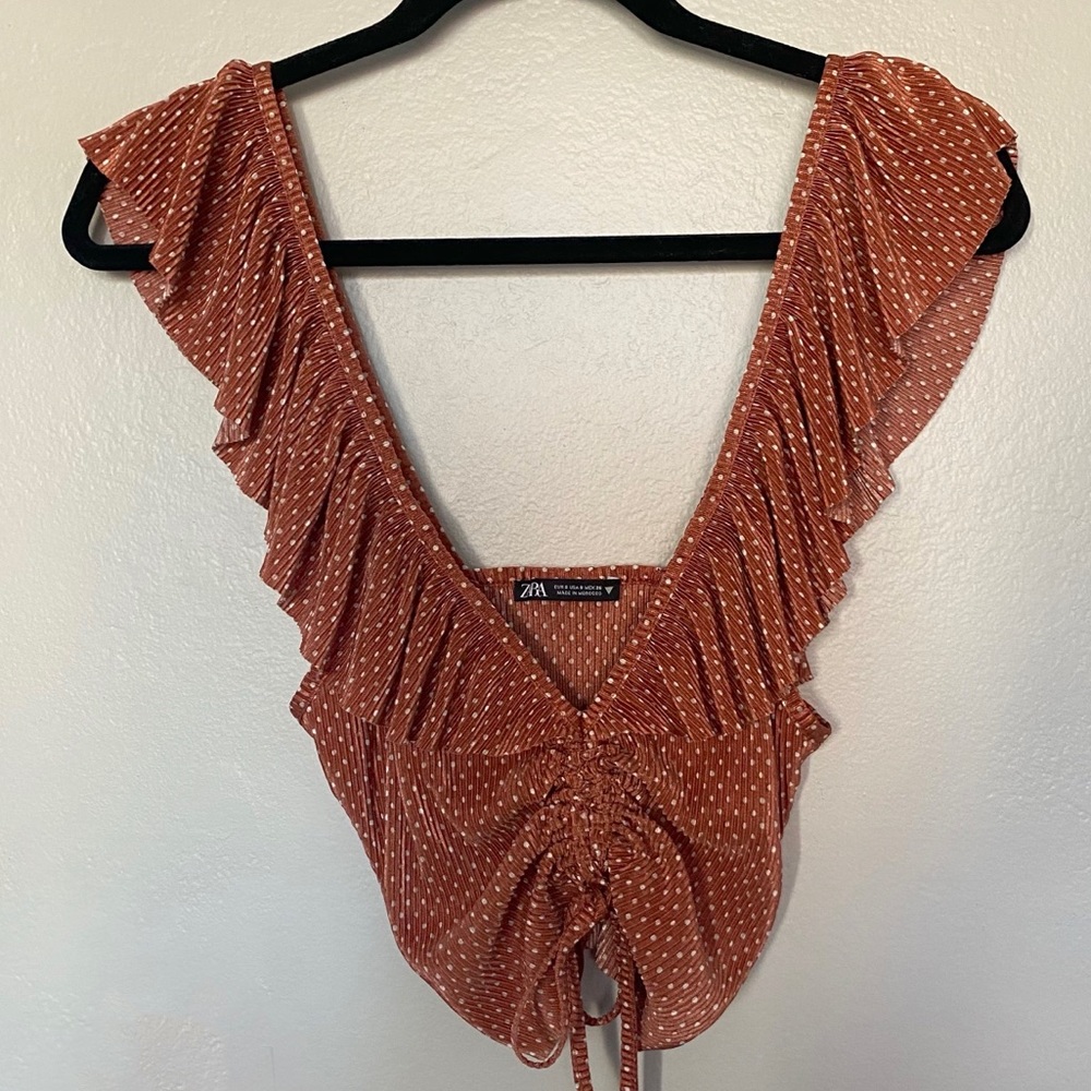 Zara cropped wing sleeve and neck detailed polka dot top